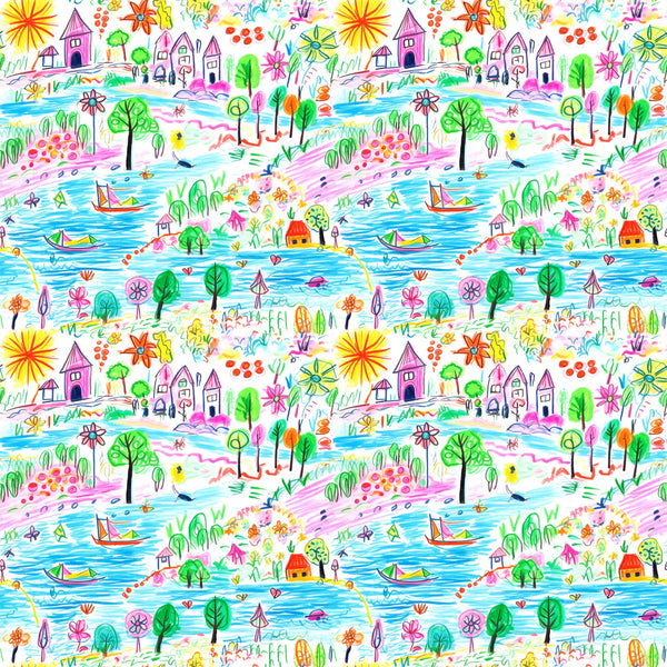 crayon drawing, child art style, whimsical landscape, bright colors, rainbow palette, houses, trees, boats, flowers, sun, water scene, playful design,, repeating pattern, colorful illustration, naive art, 童趣风格, fabric panel, cheerful motifs, nature elements