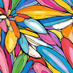 vibrant colors, rainbow palette, abstract florals, petal shapes, flowing design, swirling patterns, multicolored petals, bright pink, electric blue, sunny yellow, lime green, coral orange, purple accents, white highlights, dynamic movement, modern art style, energetic mood,, fabric panel, contemporary floral