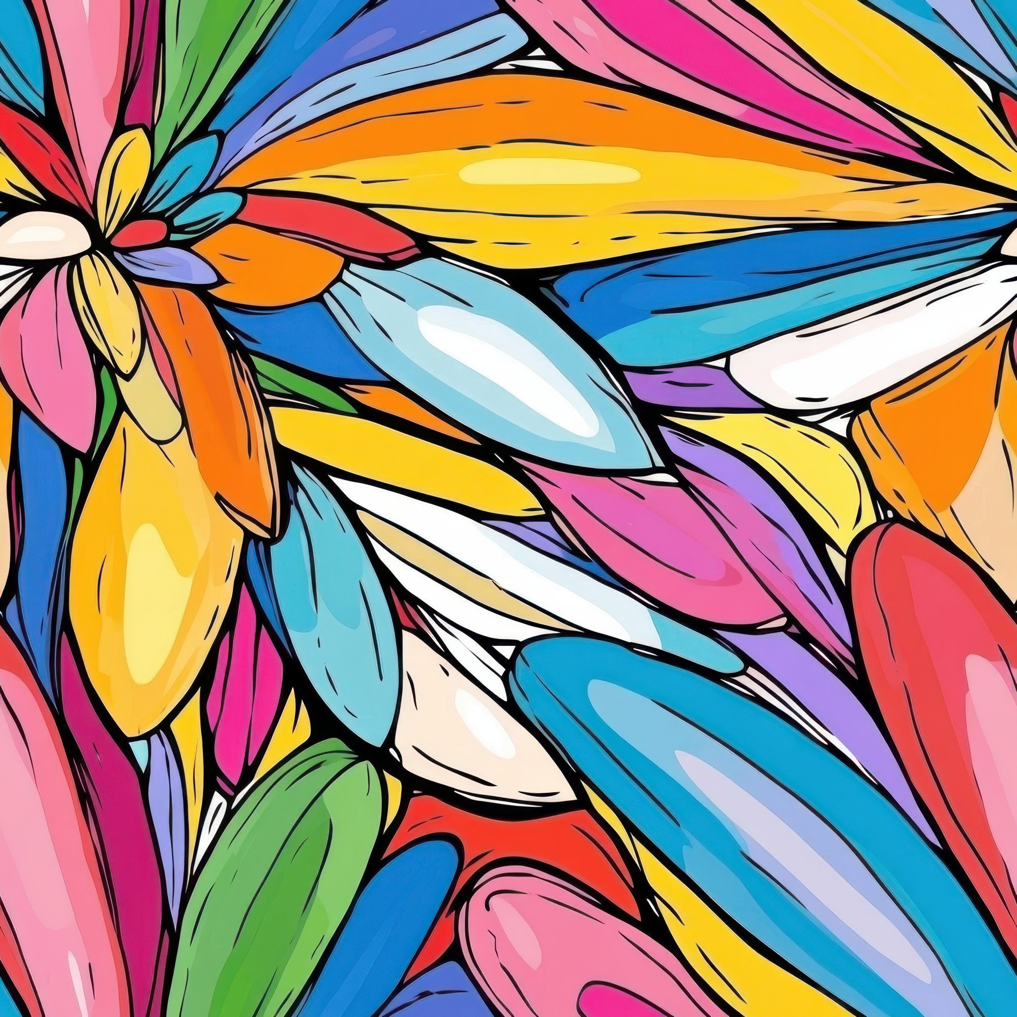vibrant colors, rainbow palette, abstract florals, petal shapes, flowing design, swirling patterns, multicolored petals, bright pink, electric blue, sunny yellow, lime green, coral orange, purple accents, white highlights, dynamic movement, modern art style, energetic mood,, fabric panel, contemporary floral