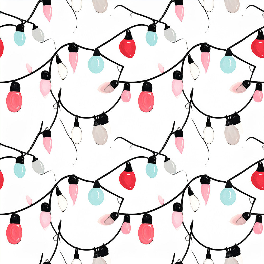 string lights, festive, holiday decorations, christmas lights, coral pink, light blue, cream, beige, red, black, whimsical, modern, cheerful, decorative, seasonal, party theme, celebration, winter holidays, warm lighting, colorful bulbs, stylized, contemporary, playroom, kids room, nursery, festive decor, patterned, repeating design, holiday cheer