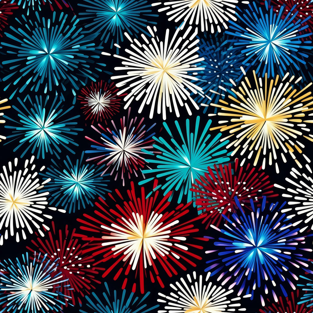 fireworks pattern,, fabric panel, red fireworks, blue fireworks, white fireworks, yellow fireworks, teal fireworks, black background, starburst design, celebration theme, patriotic colors, fourth of july, new year's eve, festive pattern, explosive bursts, radiating lines, holiday fabric, americana theme, cotton fabric