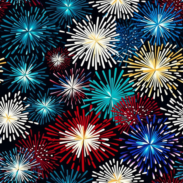 fireworks pattern,, fabric panel, red fireworks, blue fireworks, white fireworks, yellow fireworks, teal fireworks, black background, starburst design, celebration theme, patriotic colors, fourth of july, new year's eve, festive pattern, explosive bursts, radiating lines, holiday fabric, americana theme, cotton fabric