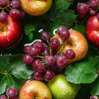 fresh fruits, red grapes, green apples, peaches, water droplets, realistic photography, vibrant colors, deep red, golden yellow, bright green, nature pattern, fruit medley,, fabric panel, botanical design, summer harvest, juicy fruits, grape clusters, apple varieties, fresh produce