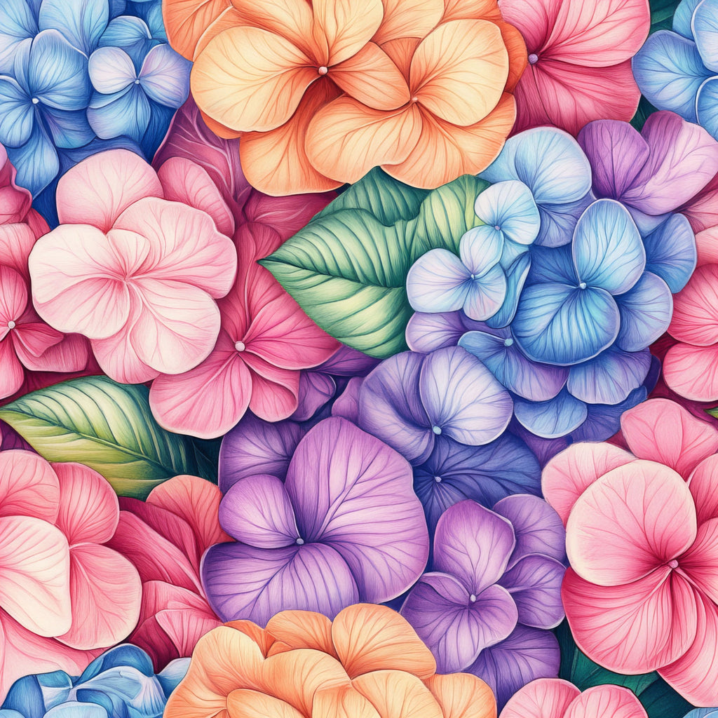 hydrangeas, floral pattern, pink flowers, purple flowers, blue flowers, orange flowers, pastel colors, botanical design,, fabric panel, garden flowers, spring blooms, watercolor style, clustered petals, green leaves, soft hues, nature motif, feminine design, delicate florals, artistic illustration