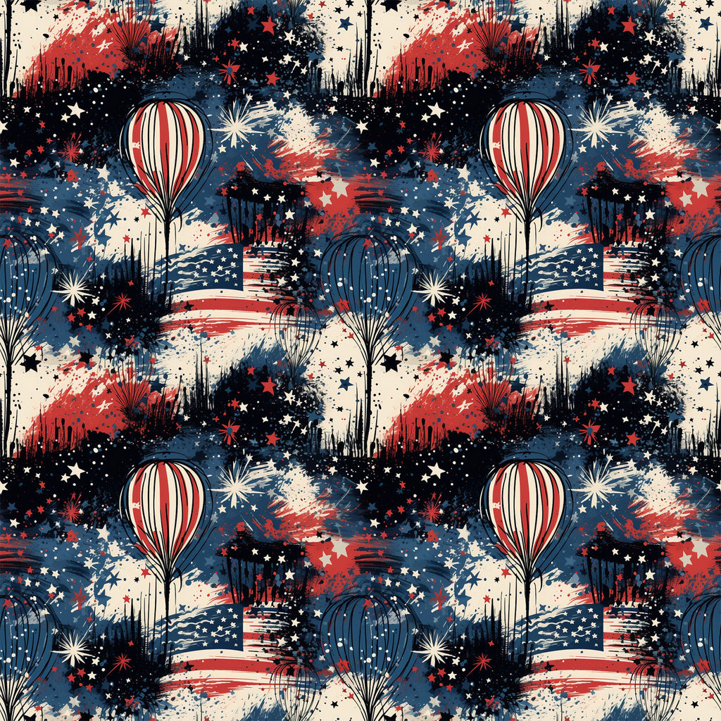 red, white, blue, patriotic, grunge, distressed, hot air balloons, fireworks, stars, stripes, american flag, paint splatter, weathered, vintage style,, fabric panel, fourth of july, independence day, textured background, repeating pattern