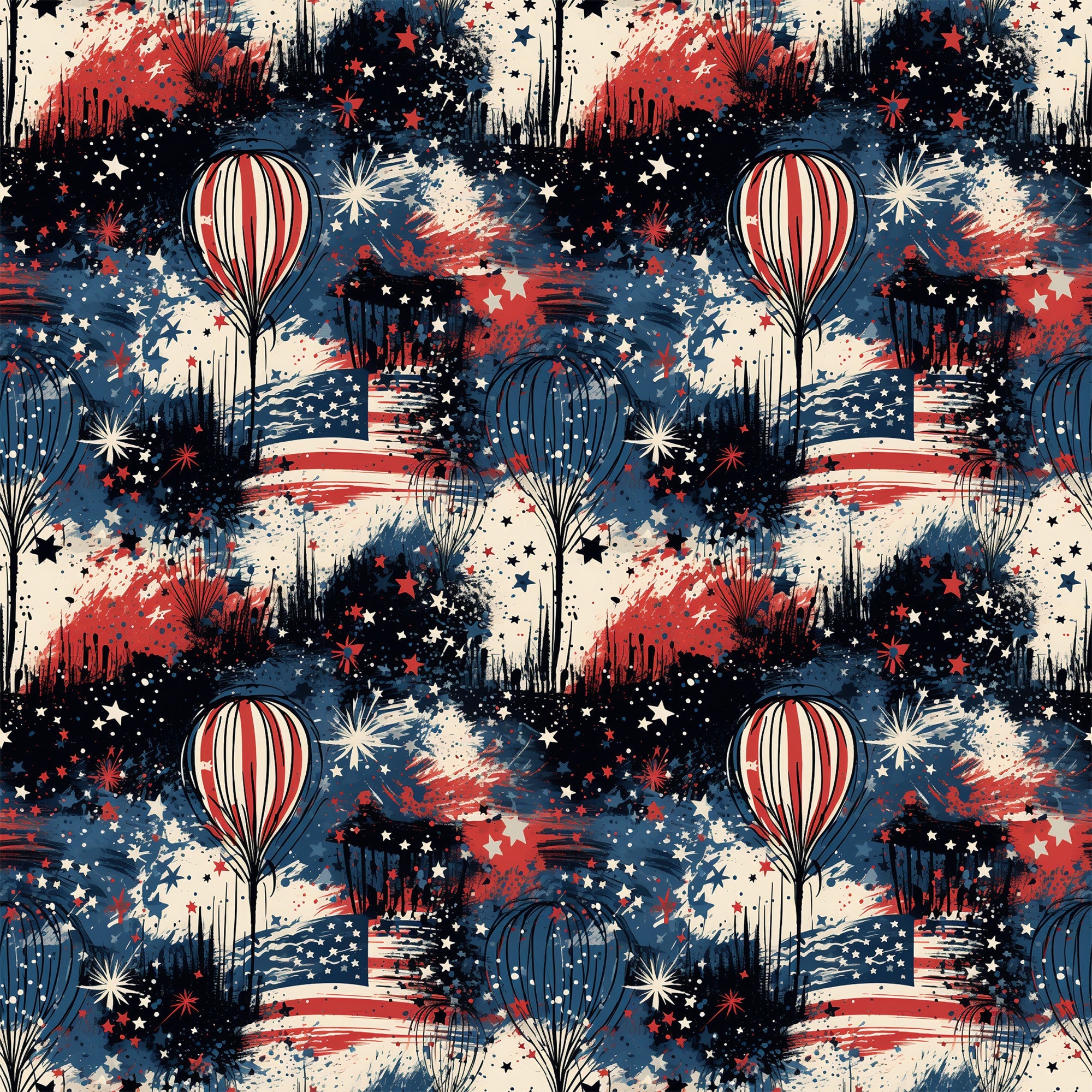 red, white, blue, patriotic, grunge, distressed, hot air balloons, fireworks, stars, stripes, american flag, paint splatter, weathered, vintage style,, fabric panel, fourth of july, independence day, textured background, repeating pattern