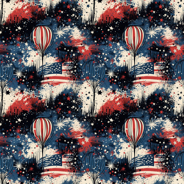 red, white, blue, patriotic, grunge, distressed, hot air balloons, fireworks, stars, stripes, american flag, paint splatter, weathered, vintage style,, fabric panel, fourth of july, independence day, textured background, repeating pattern
