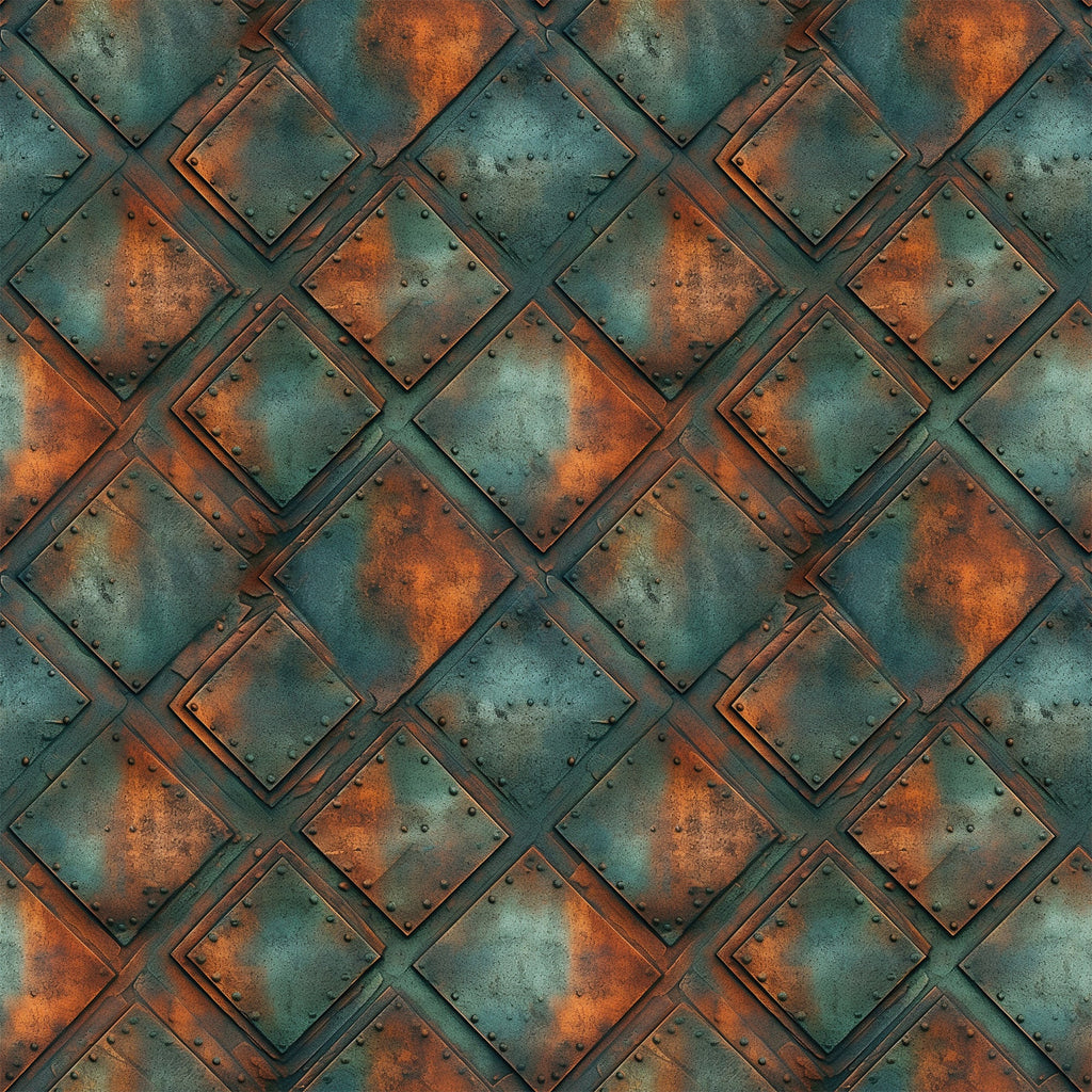 rusted metal, copper orange, teal green, weathered texture, industrial pattern, geometric squares, oxidized surface, steampunk style, metallic patina, riveted panels, aged iron, corroded finish,, fabric panel, distressed metal, vintage industrial, rust stains, metal plating, overlapping squares, antique copper