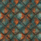 rusted metal, copper orange, teal green, weathered texture, industrial pattern, geometric squares, oxidized surface, steampunk style, metallic patina, riveted panels, aged iron, corroded finish,, fabric panel, distressed metal, vintage industrial, rust stains, metal plating, overlapping squares, antique copper