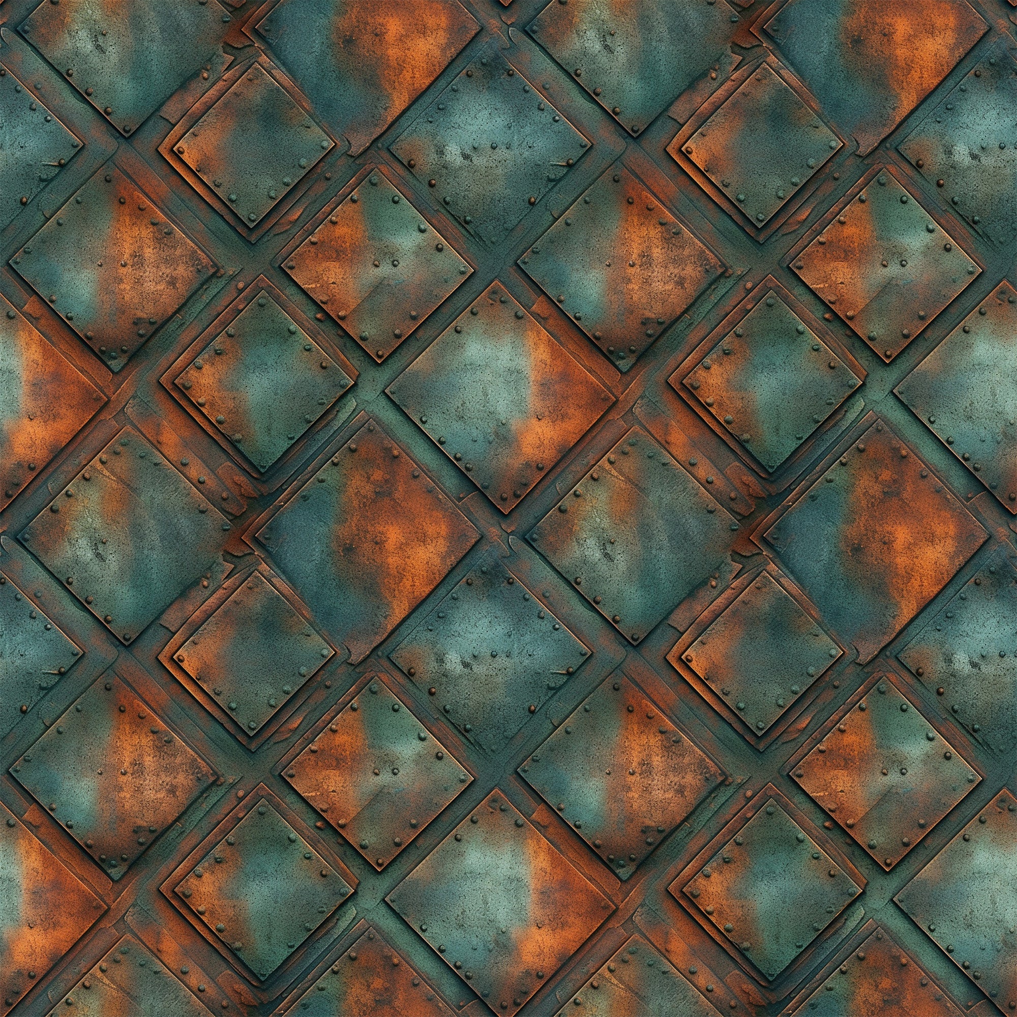 rusted metal, copper orange, teal green, weathered texture, industrial pattern, geometric squares, oxidized surface, steampunk style, metallic patina, riveted panels, aged iron, corroded finish,, fabric panel, distressed metal, vintage industrial, rust stains, metal plating, overlapping squares, antique copper