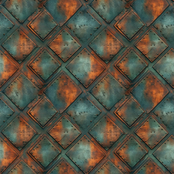 rusted metal, copper orange, teal green, weathered texture, industrial pattern, geometric squares, oxidized surface, steampunk style, metallic patina, riveted panels, aged iron, corroded finish,, fabric panel, distressed metal, vintage industrial, rust stains, metal plating, overlapping squares, antique copper