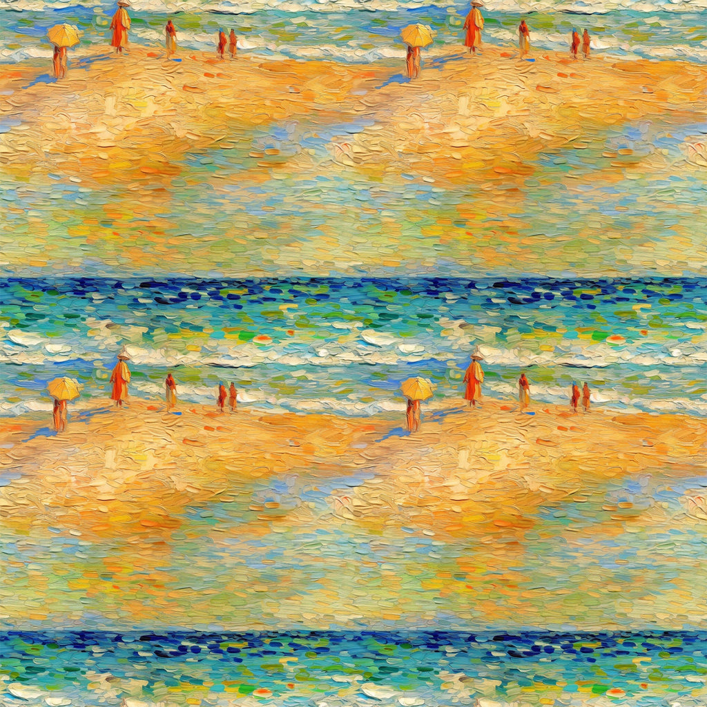 beach scene, ocean waves, golden sand, yellow umbrella, impressionist style, post-impressionist, brushstroke texture, blue water, orange figures, warm palette, seaside painting, artistic reproduction, cotton fabric, quilting panel, summer theme, coastal scene, painterly effect, vibrant colors, seascape pattern