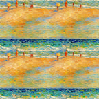 beach scene, ocean waves, golden sand, yellow umbrella, impressionist style, post-impressionist, brushstroke texture, blue water, orange figures, warm palette, seaside painting, artistic reproduction, cotton fabric, quilting panel, summer theme, coastal scene, painterly effect, vibrant colors, seascape pattern