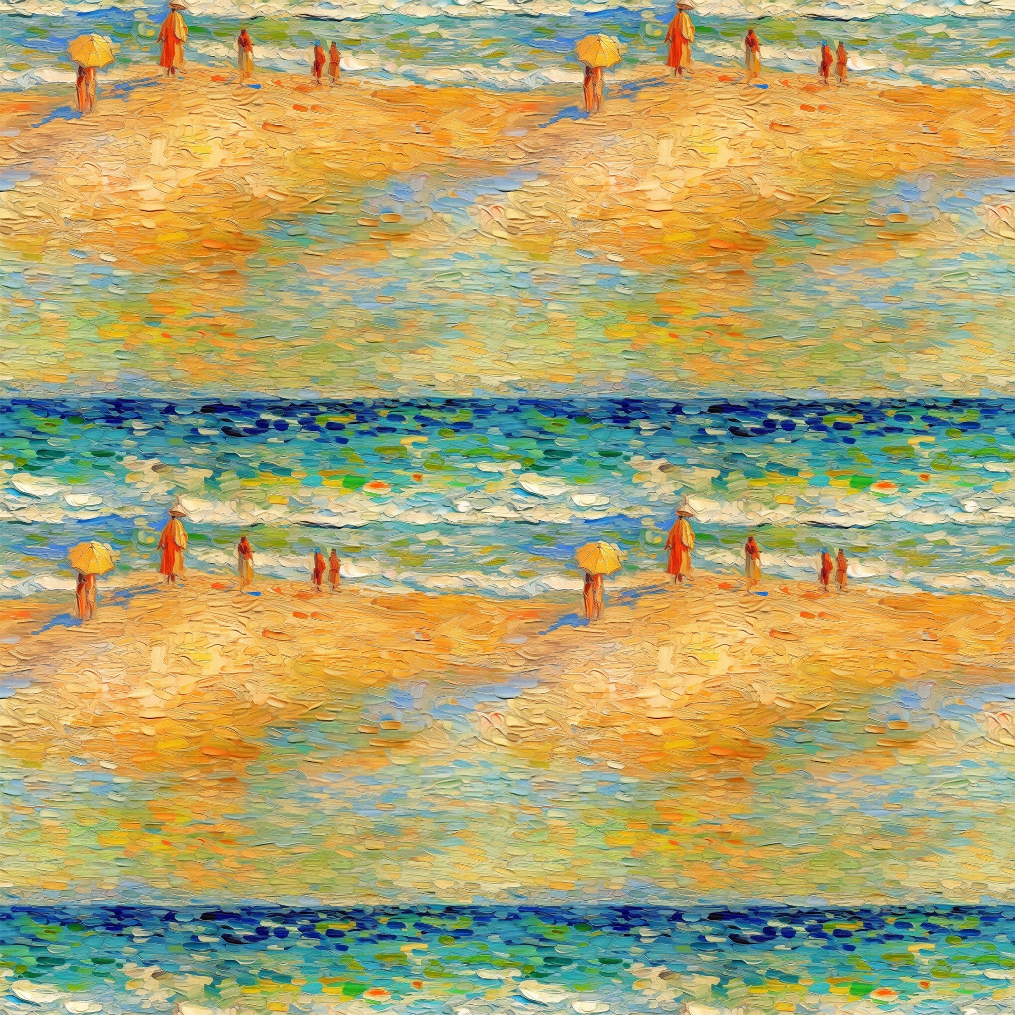 beach scene, ocean waves, golden sand, yellow umbrella, impressionist style, post-impressionist, brushstroke texture, blue water, orange figures, warm palette, seaside painting, artistic reproduction, cotton fabric, quilting panel, summer theme, coastal scene, painterly effect, vibrant colors, seascape pattern