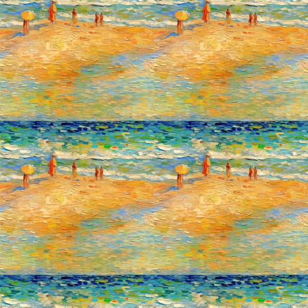 beach scene, ocean waves, golden sand, yellow umbrella, impressionist style, post-impressionist, brushstroke texture, blue water, orange figures, warm palette, seaside painting, artistic reproduction, cotton fabric, quilting panel, summer theme, coastal scene, painterly effect, vibrant colors, seascape pattern