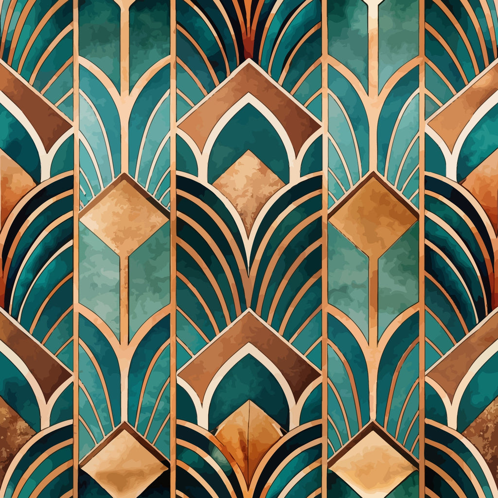 teal, emerald green, copper, bronze, gold, art deco, geometric pattern, fan motifs, scalloped arches, diamond shapes, repeating design, vintage style, 1920s inspired, elegant, luxurious,, fabric panel, stylized leaves, ornamental, sophisticated