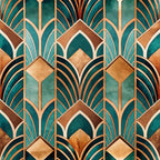 teal, emerald green, copper, bronze, gold, art deco, geometric pattern, fan motifs, scalloped arches, diamond shapes, repeating design, vintage style, 1920s inspired, elegant, luxurious,, fabric panel, stylized leaves, ornamental, sophisticated