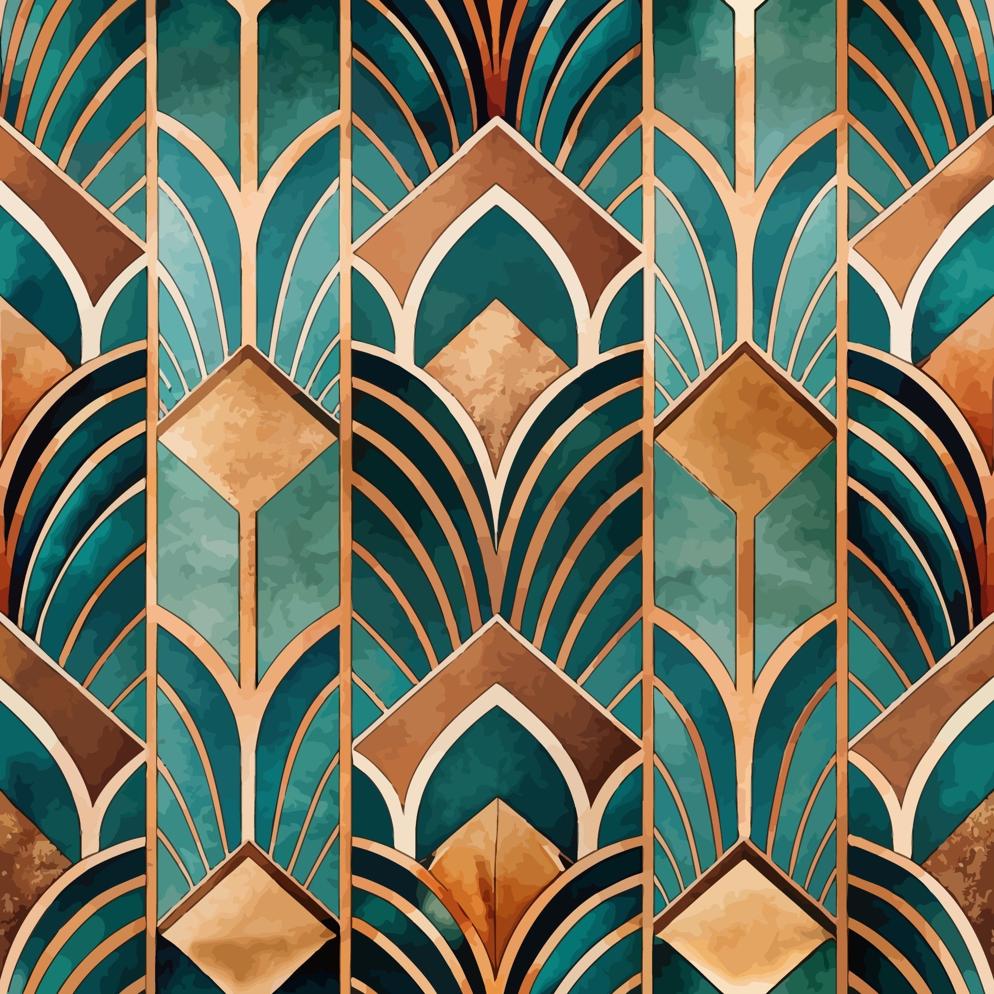teal, emerald green, copper, bronze, gold, art deco, geometric pattern, fan motifs, scalloped arches, diamond shapes, repeating design, vintage style, 1920s inspired, elegant, luxurious,, fabric panel, stylized leaves, ornamental, sophisticated