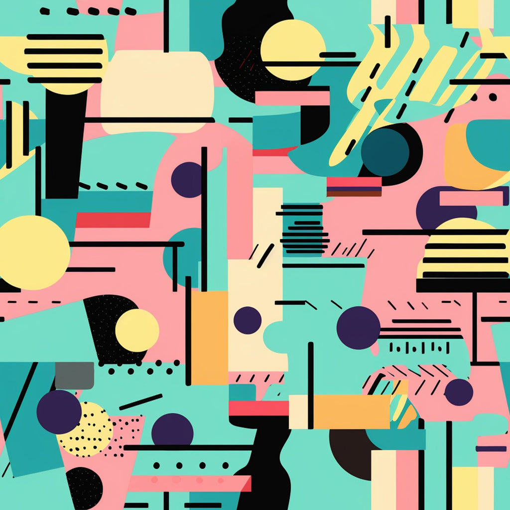 turquoise, pink, yellow, orange, purple, black, geometric shapes, abstract design, retro style, modern art, circles, lines, dashes, contemporary pattern, vibrant colors,, fabric panel, artistic composition, mid-century modern, colorful blocks