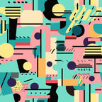turquoise, pink, yellow, orange, purple, black, geometric shapes, abstract design, retro style, modern art, circles, lines, dashes, contemporary pattern, vibrant colors,, fabric panel, artistic composition, mid-century modern, colorful blocks