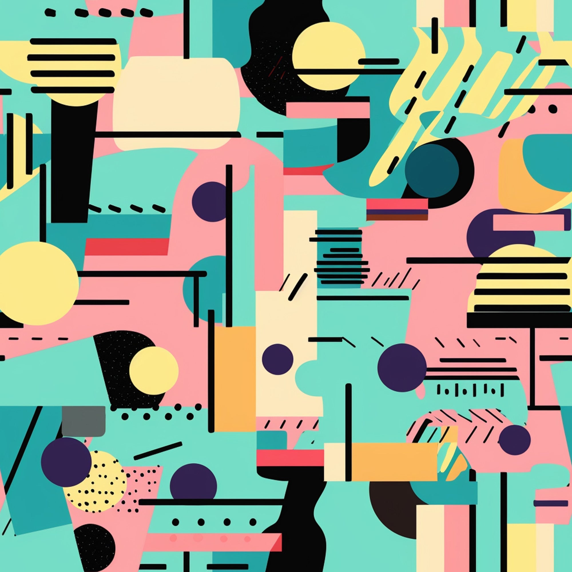 turquoise, pink, yellow, orange, purple, black, geometric shapes, abstract design, retro style, modern art, circles, lines, dashes, contemporary pattern, vibrant colors,, fabric panel, artistic composition, mid-century modern, colorful blocks