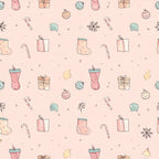 blush pink, dusty rose, sage green, soft pink, holiday, christmas, festive, whimsical, candy cane, ornaments, gifts, stockings, hot cocoa, snowflakes, winter, seasonal, playroom, kids room, children's, cute, sweet, vintage inspired, hand drawn, illustrated, beverage, candy, snowflake motif, gift boxes