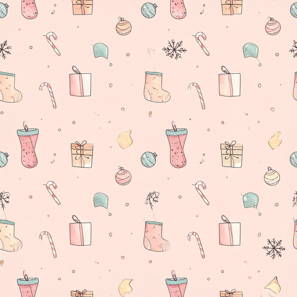 blush pink, dusty rose, sage green, soft pink, holiday, christmas, festive, whimsical, candy cane, ornaments, gifts, stockings, hot cocoa, snowflakes, winter, seasonal, playroom, kids room, children's, cute, sweet, vintage inspired, hand drawn, illustrated, beverage, candy, snowflake motif, gift boxes