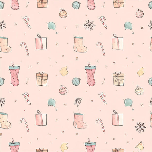 blush pink, dusty rose, sage green, soft pink, holiday, christmas, festive, whimsical, candy cane, ornaments, gifts, stockings, hot cocoa, snowflakes, winter, seasonal, playroom, kids room, children's, cute, sweet, vintage inspired, hand drawn, illustrated, beverage, candy, snowflake motif, gift boxes