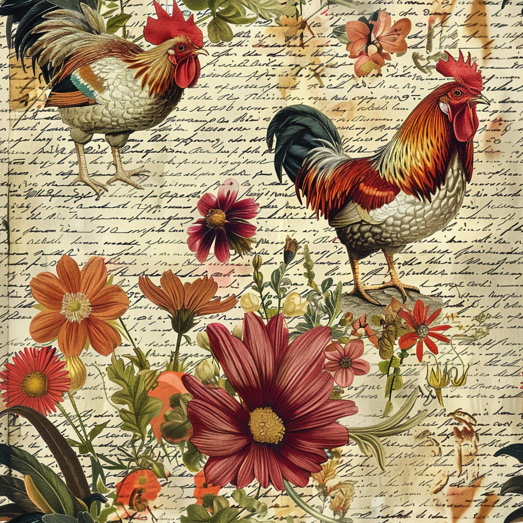 roosters, chickens, farm animals, vintage flowers, cosmos blooms, handwritten script, aged paper background, burgundy, rust orange, golden yellow, cream, botanical elements, country farm theme, vintage collage style,, fabric panel, pastoral design, antique manuscript, floral motifs, farmhouse aesthetic