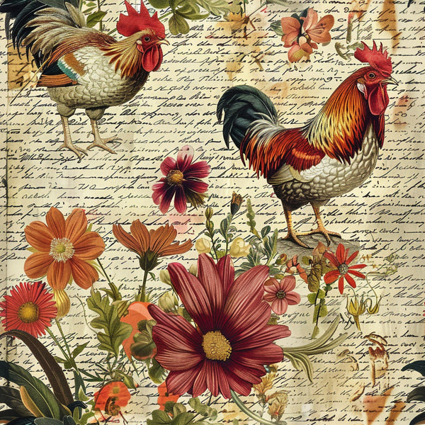 roosters, chickens, farm animals, vintage flowers, cosmos blooms, handwritten script, aged paper background, burgundy, rust orange, golden yellow, cream, botanical elements, country farm theme, vintage collage style,, fabric panel, pastoral design, antique manuscript, floral motifs, farmhouse aesthetic