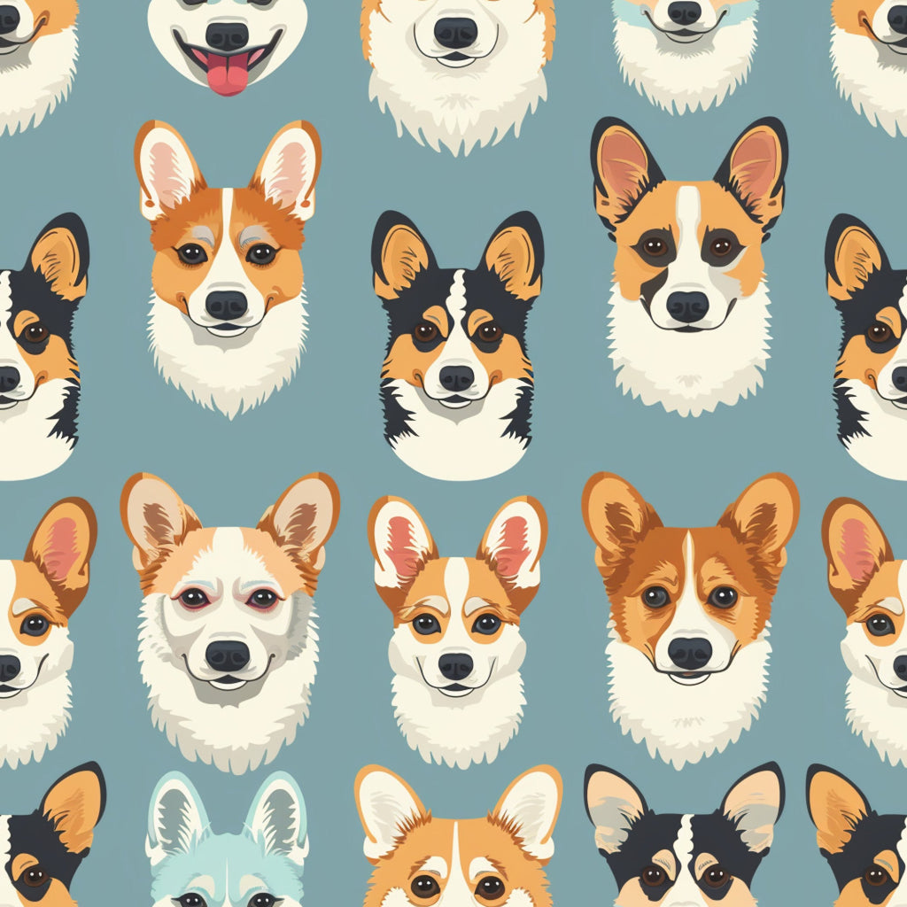 dog faces, corgi pattern, pet heads, orange fur, white markings, black ears, brown eyes, teal background, cute dogs, animal portraits,, fabric panel, geometric arrangement, playful design, pet lover, dog breed, furry texture, whimsical style, crafting material, sewing fabric