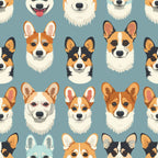 dog faces, corgi pattern, pet heads, orange fur, white markings, black ears, brown eyes, teal background, cute dogs, animal portraits,, fabric panel, geometric arrangement, playful design, pet lover, dog breed, furry texture, whimsical style, crafting material, sewing fabric