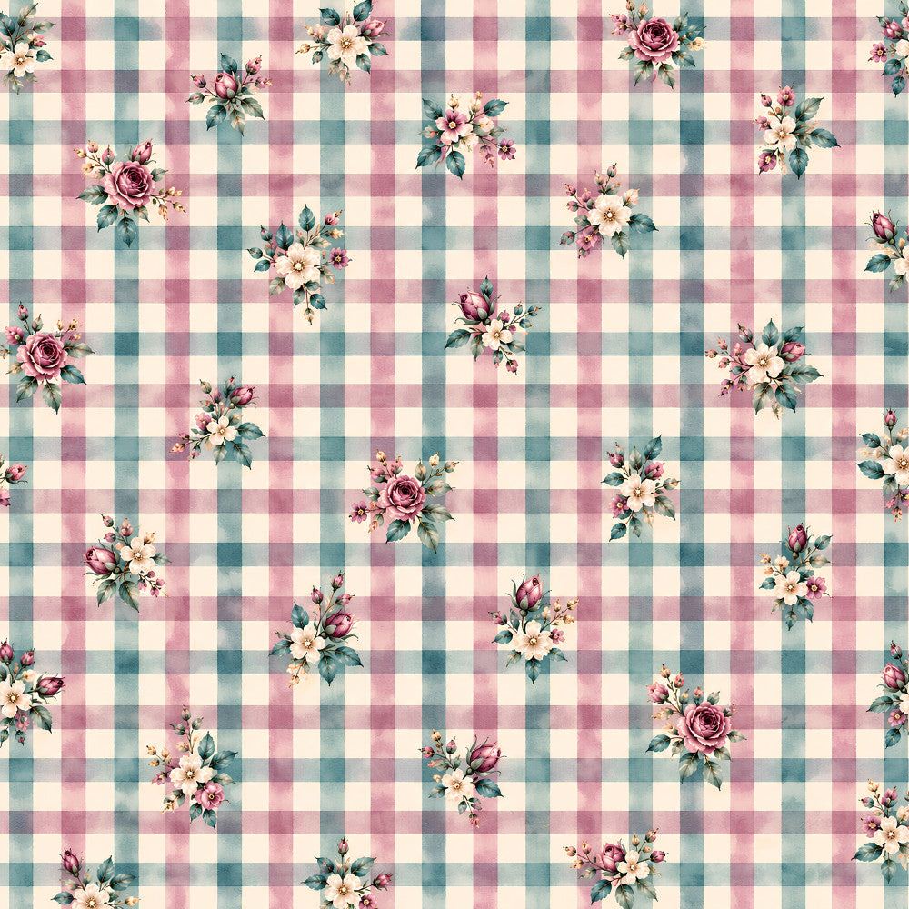 dusty rose, blush pink, teal, sage green, cream, gingham, floral, plaid, vintage, farmhouse, cottage core, roses, botanical, spring, summer, romantic, traditional, shabby chic, country, garden flowers, pastoral, mauve, soft colors, delicate florals, checkered, calming, whimsical, nature inspired