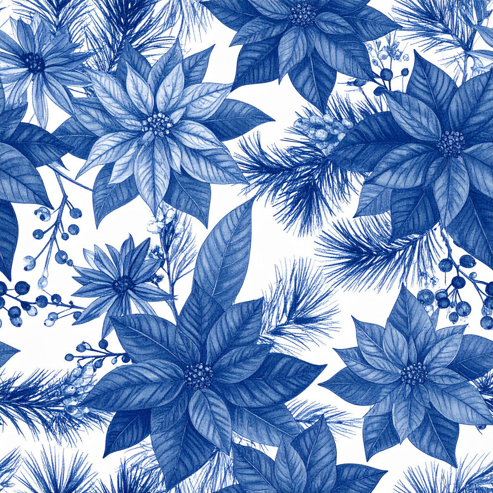 navy blue, cobalt blue, white, blue and white, floral, botanical, poinsettia, flowers, leaves, berries, nature, elegant, classic, traditional, winter, christmas, holiday, festive, formal, sophisticated, timeless, vintage inspired, detailed illustration, line art, garden flowers, seasonal, evergreen, delicate, refined