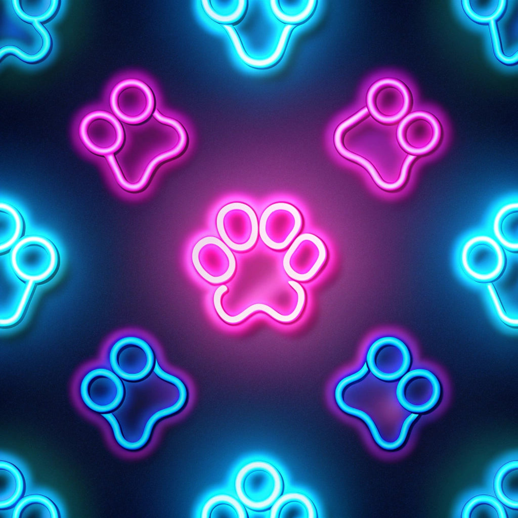 neon colors, electric blue, hot pink, magenta, paw prints, dog paws, animal tracks, glowing effect, neon lights, geometric pattern, repeating motif, vibrant colors, modern style, contemporary design,, fabric panel, pet themed, animal pattern, bright colors, luminous design