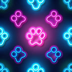 neon colors, electric blue, hot pink, magenta, paw prints, dog paws, animal tracks, glowing effect, neon lights, geometric pattern, repeating motif, vibrant colors, modern style, contemporary design,, fabric panel, pet themed, animal pattern, bright colors, luminous design
