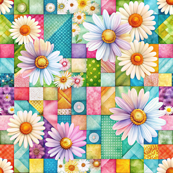 spring flowers, daisy blooms, patchwork squares,, fabric panel, pastel colors, white petals, yellow centers, colorful blocks, geometric patterns, floral motif, bright pastels, pink squares, blue patches, green blocks, purple accents, orange details, polka dots, checkered pattern, cottage core