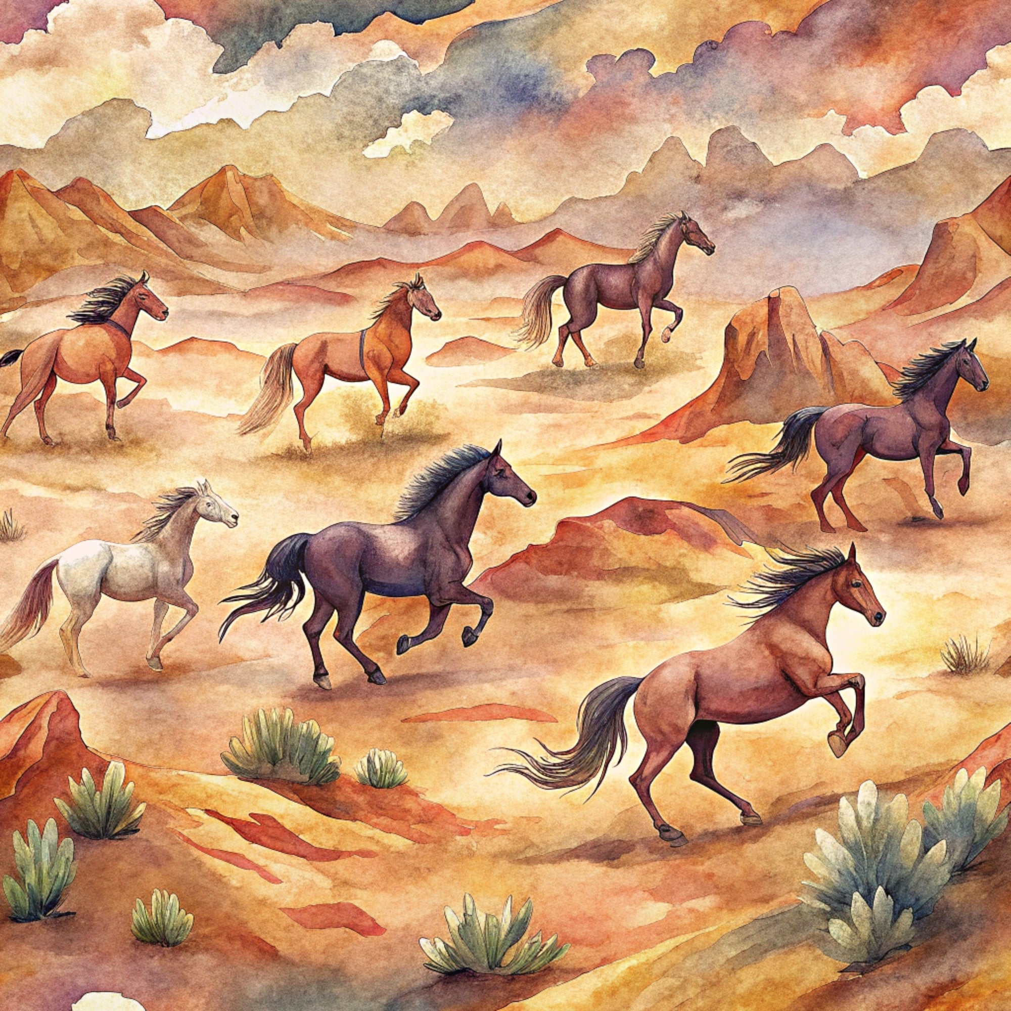 wild horses, running horses, desert landscape, southwestern, watercolor style, earth tones, rust orange, burnt sienna, sage green, dusty rose, mountain backdrop, desert plants, cacti, rocky terrain, dramatic sky, sunset colors, quilting cotton, fabric panel, western theme, equestrian motif