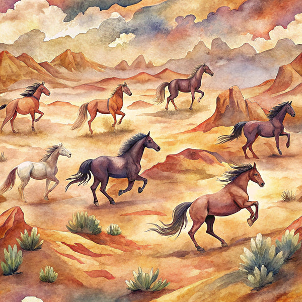 wild horses, running horses, desert landscape, southwestern, watercolor style, earth tones, rust orange, burnt sienna, sage green, dusty rose, mountain backdrop, desert plants, cacti, rocky terrain, dramatic sky, sunset colors,, fabric panel, western theme, equestrian motif