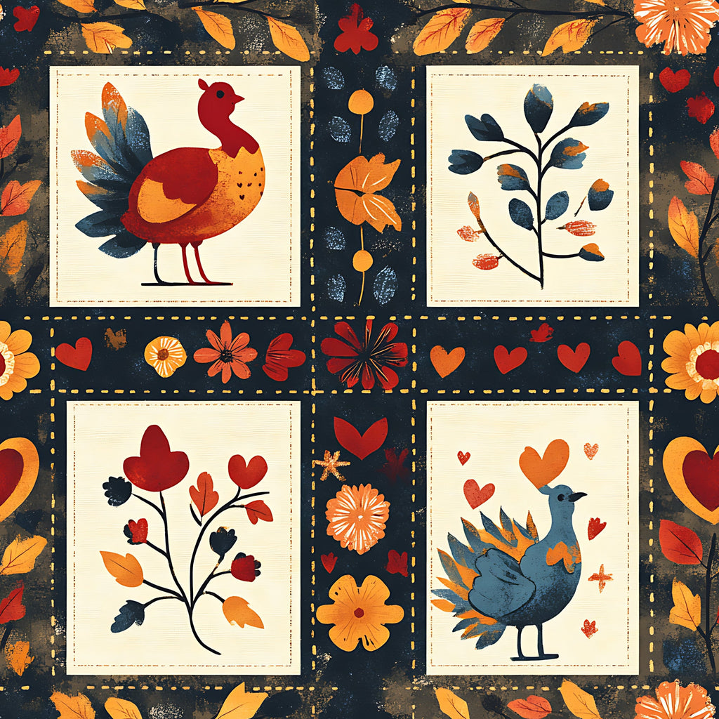 autumn colors, thanksgiving theme, folk art style,, fabric panel, turkey motifs, botanical elements, heart shapes, flowers, leaves, orange, red, navy blue, cream background, decorative blocks, seasonal design, warm palette, applique style, fall foliage, country charm