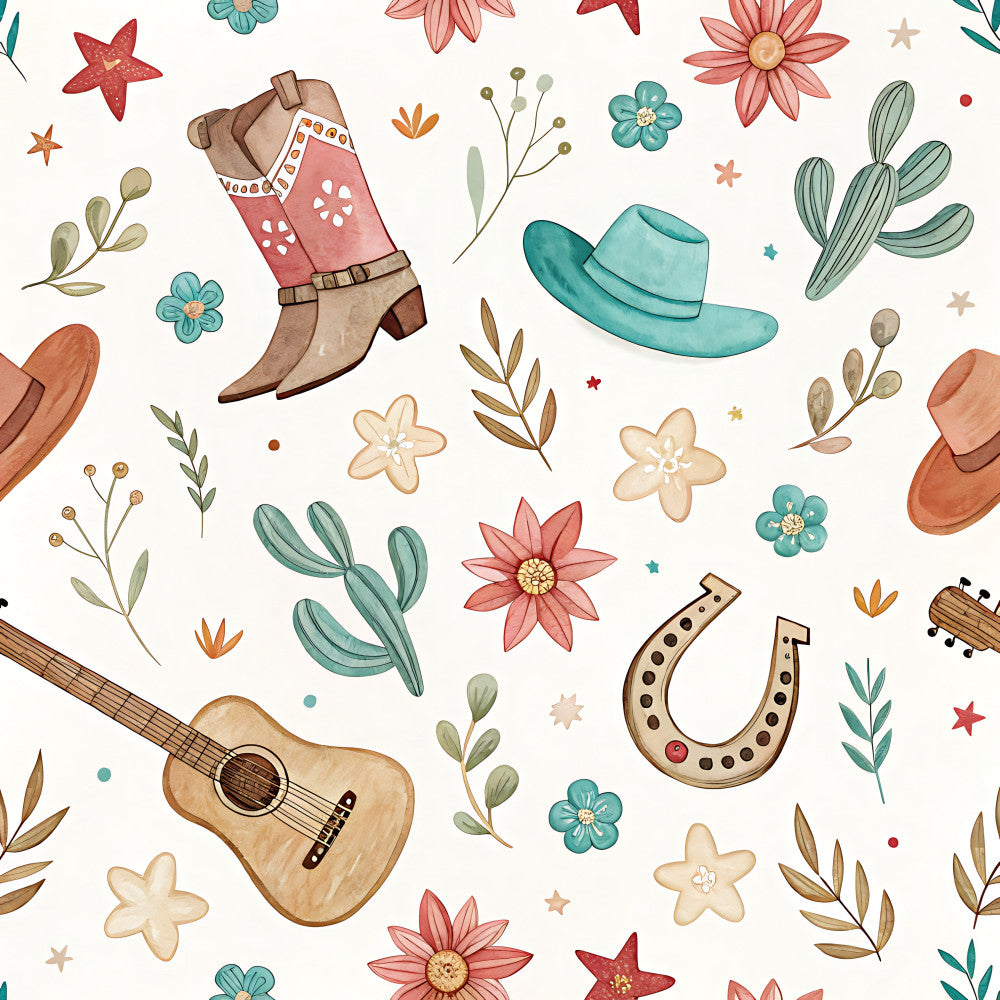 western, cowboy, country, rustic, bohemian, whimsical, turquoise, coral pink, dusty rose, cream, tan, sage green, teal, wildflowers, cacti, boots, guitar, horseshoe, stars, floral, botanical, nature, vintage, farmhouse, kids room, playroom, nursery, spring, summer, southwest theme