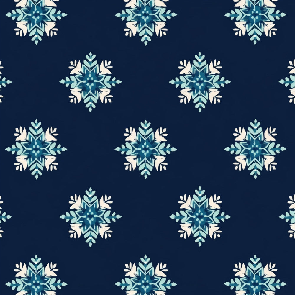 navy blue, teal, light blue, cream, winter, snowflake, geometric, modern, elegant, holiday, christmas, frozen, symmetrical, star pattern, crystalline, icy, cool tones, contemporary, festive, seasonal, decorative, repeating pattern, medallion, mandala-inspired, sophisticated, wintery, ice blue, pearl white, structured pattern
