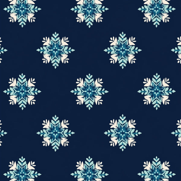navy blue, teal, light blue, cream, winter, snowflake, geometric, modern, elegant, holiday, christmas, frozen, symmetrical, star pattern, crystalline, icy, cool tones, contemporary, festive, seasonal, decorative, repeating pattern, medallion, mandala-inspired, sophisticated, wintery, ice blue, pearl white, structured pattern