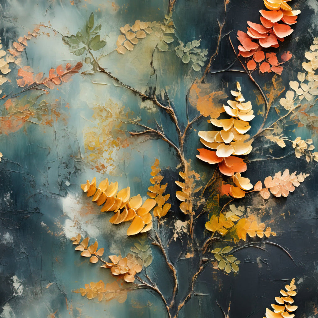 teal, orange, golden yellow, coral, sage green, autumn leaves, botanical branches, layered foliage, textured brushstrokes, moody atmosphere,, fabric panel, fall season, nature motif, artistic painting, dimensional leaves, warm earth tones, cool blues, organic shapes, mixed media style