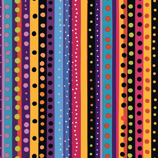 colorful stripes, polka dots, vertical stripes, purple, orange, teal, pink, yellow, black, red, blue, geometric pattern, bright colors, rainbow stripes, circular dots,, fabric panel, vibrant design, multicolored, contemporary pattern, cheerful mood