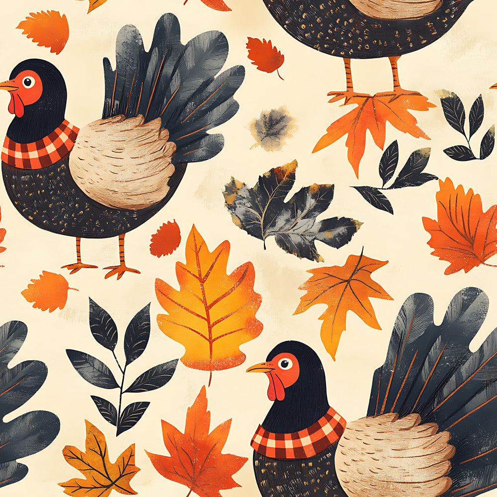 autumn leaves, fall, harvest, chickens, roosters, birds, nature, orange, burnt orange, cream, ivory, beige, navy blue, dark blue, red-orange, whimsical, rustic, farmhouse, vintage, folk art, woodland, feathers, foliage, maple leaves, kids room, playroom, children, illustrated, decorative, seasonal