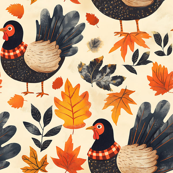 autumn leaves, fall, harvest, chickens, roosters, birds, nature, orange, burnt orange, cream, ivory, beige, navy blue, dark blue, red-orange, whimsical, rustic, farmhouse, vintage, folk art, woodland, feathers, foliage, maple leaves, kids room, playroom, children, illustrated, decorative, seasonal