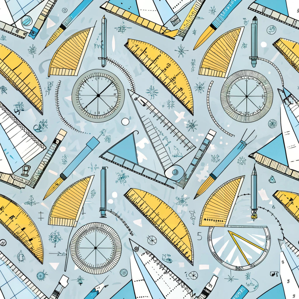 pale blue, yellow, teal, white, geometric tools, rulers, compasses, protractors, triangles, measuring instruments, math tools, drafting supplies, educational theme, school supplies,, fabric panel, scattered pattern, technical drawing, academic motif, back to school, geometric shapes, precise illustrations