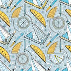 pale blue, yellow, teal, white, geometric tools, rulers, compasses, protractors, triangles, measuring instruments, math tools, drafting supplies, educational theme, school supplies,, fabric panel, scattered pattern, technical drawing, academic motif, back to school, geometric shapes, precise illustrations