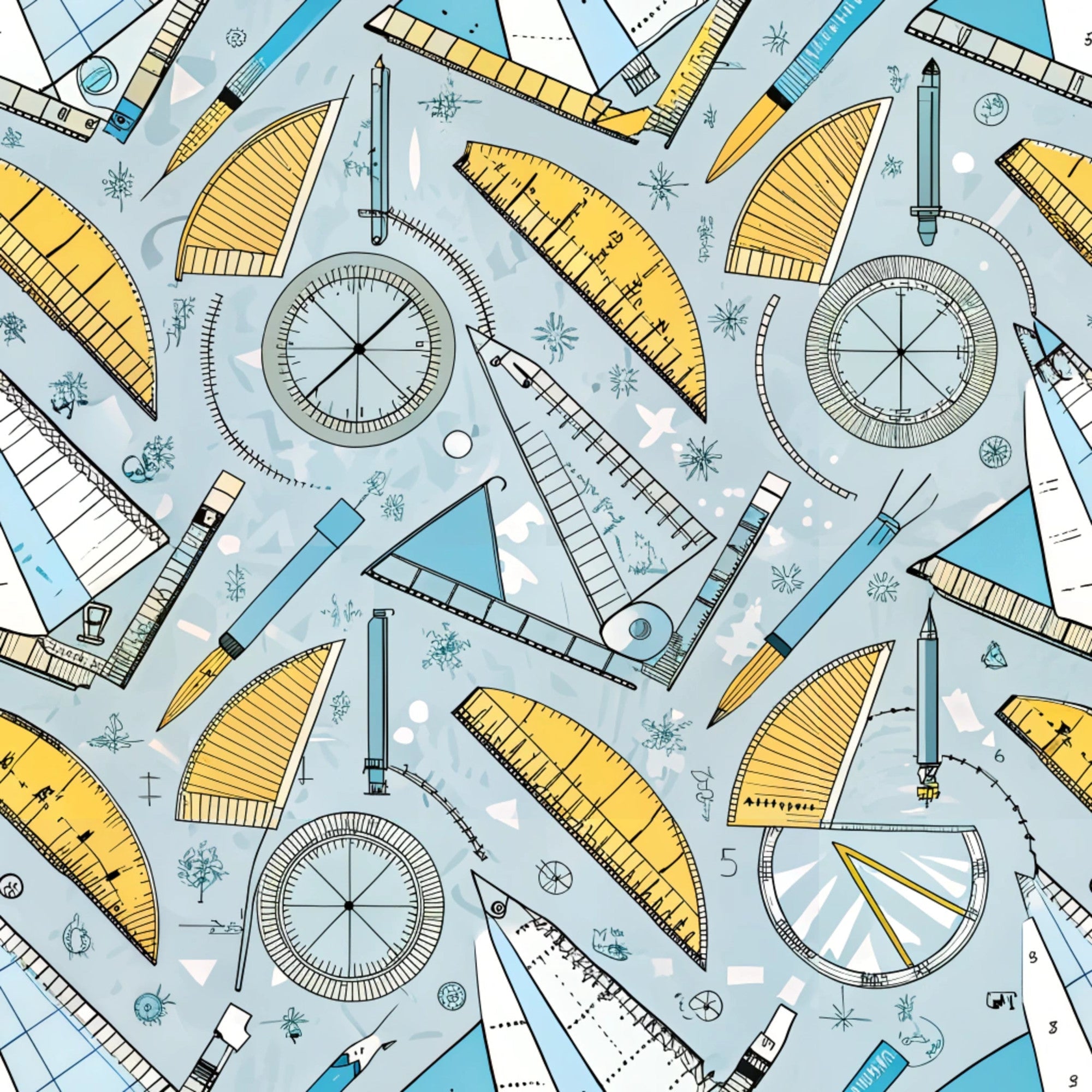 pale blue, yellow, teal, white, geometric tools, rulers, compasses, protractors, triangles, measuring instruments, math tools, drafting supplies, educational theme, school supplies,, fabric panel, scattered pattern, technical drawing, academic motif, back to school, geometric shapes, precise illustrations
